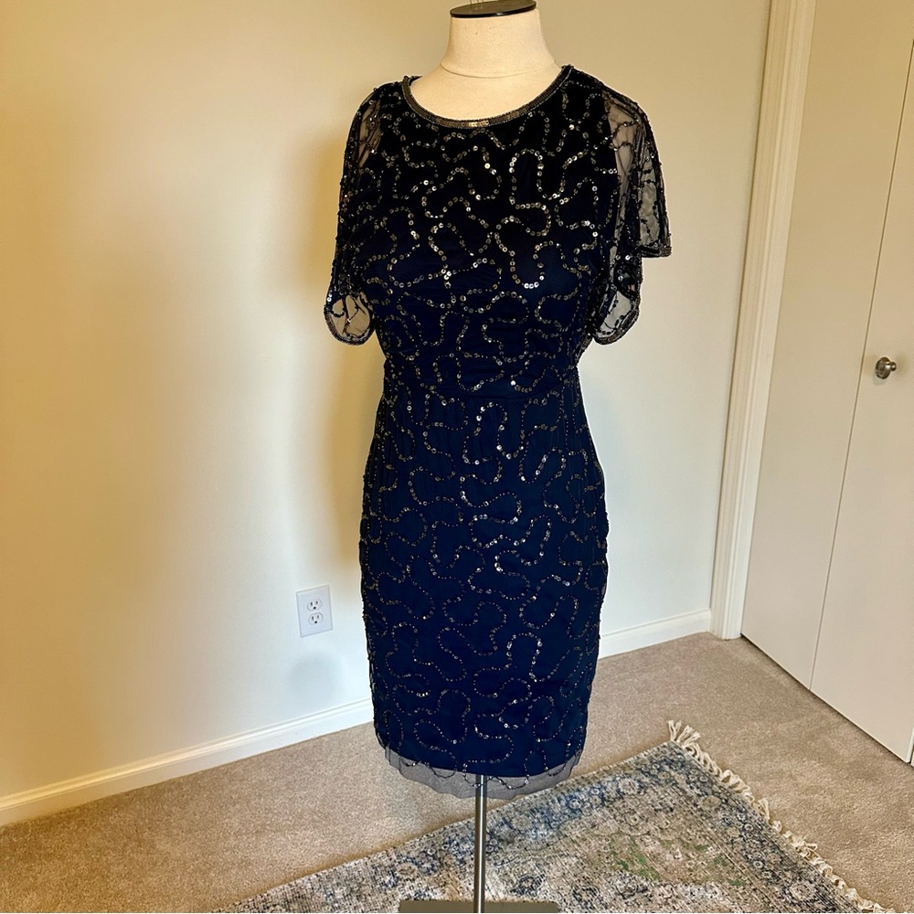 Elegant Navy Blue Sequin Cocktail Dress